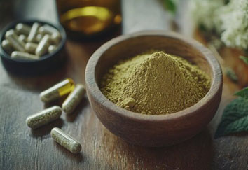 A bowl of green herbal powder sits on a wooden surface, surrounded by capsules and a dark glass bottle, with leafy plants in the background.